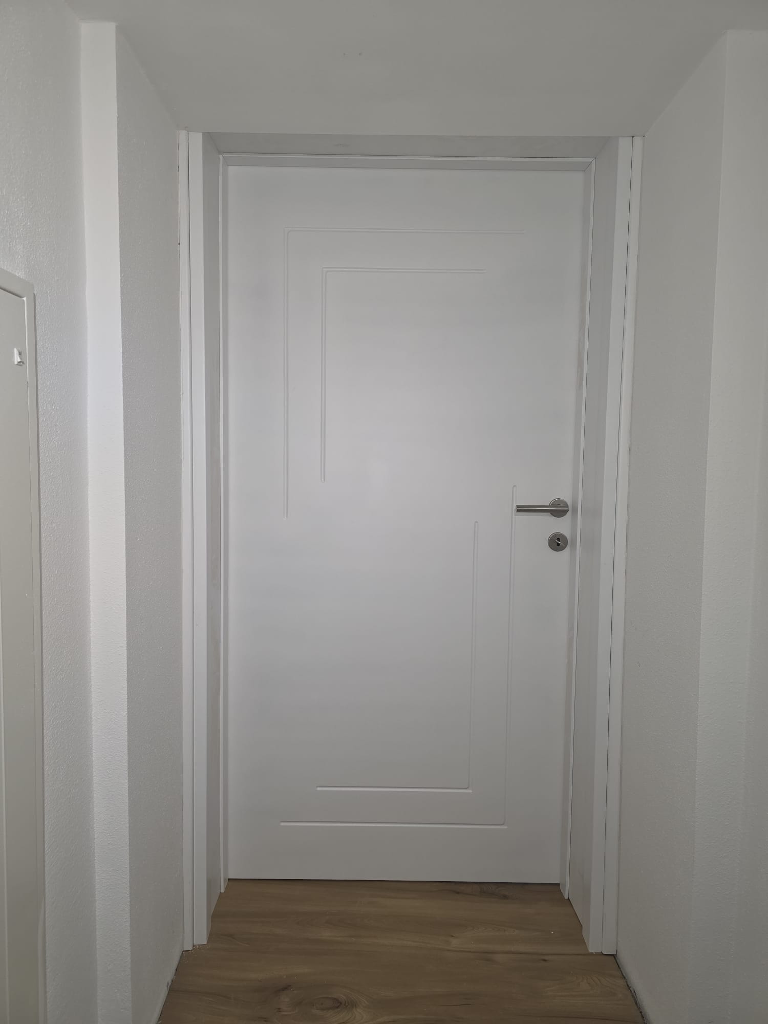 Bela farbana vrata sa dekorativnim linijama u hodniku